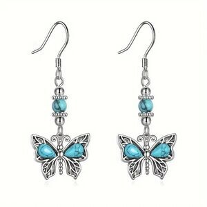 New - Butterfly Design Turquoise Inlaid Dangle Earrings